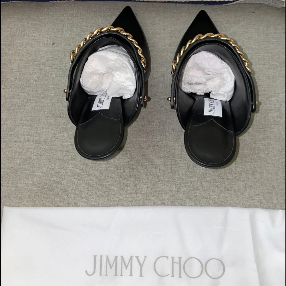 FINAL SALE Jimmy Choo Lexx 100 Black/gold Leather heeled Mules NWT size 7 - Picture 5 of 14